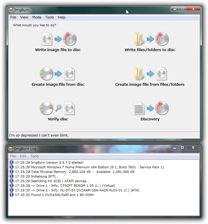 日本語化前の ImgBurn 初期画面　v2.5.7.0
